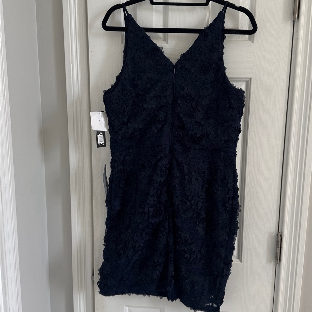 NWT Xscape Navy Lace  Dress w/ Navy Fabric Flowers Throughout - Picture 6 of 13